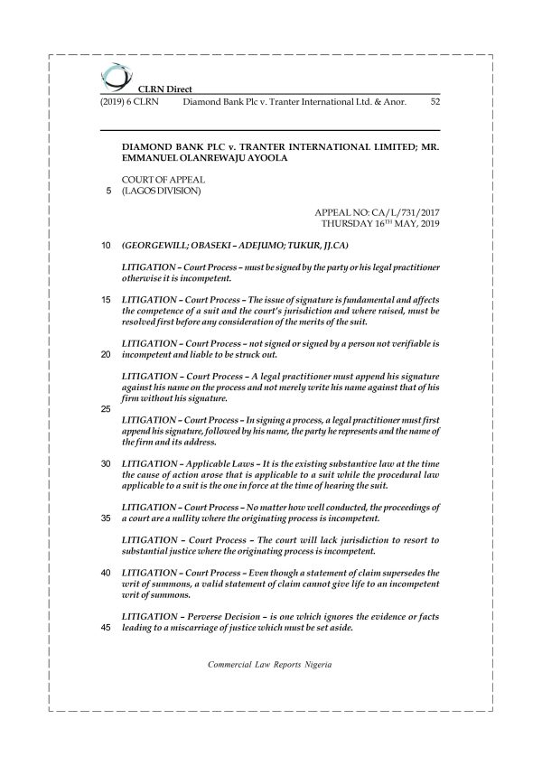 DIAMOND BANK PLC v. TRANTER INTERNATIONAL LTD. & ANOR