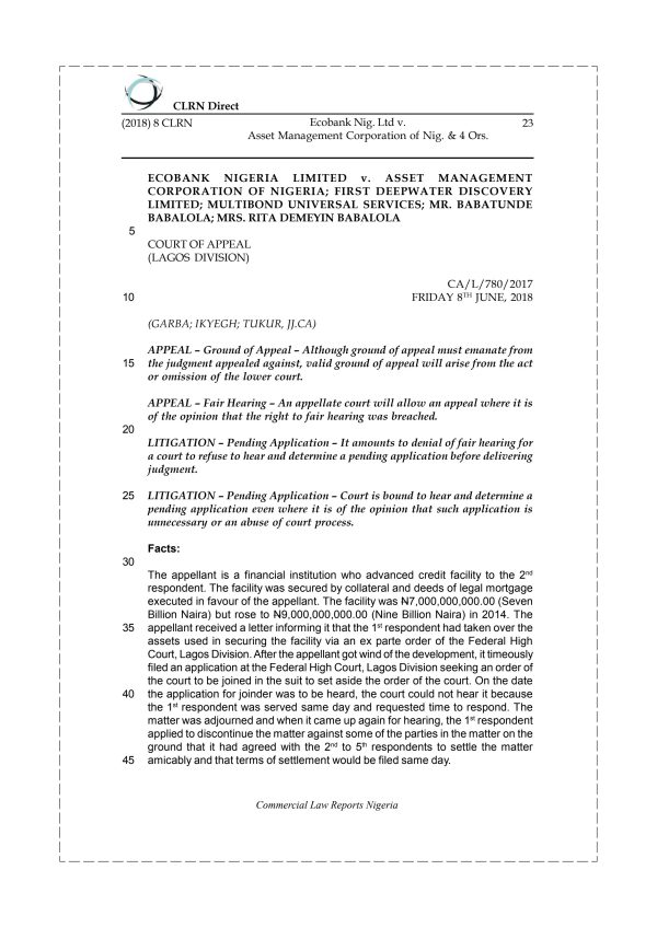 Ecobank Nig. Ltd v. Asset Management Corporation of Nig. & 4 Ors.