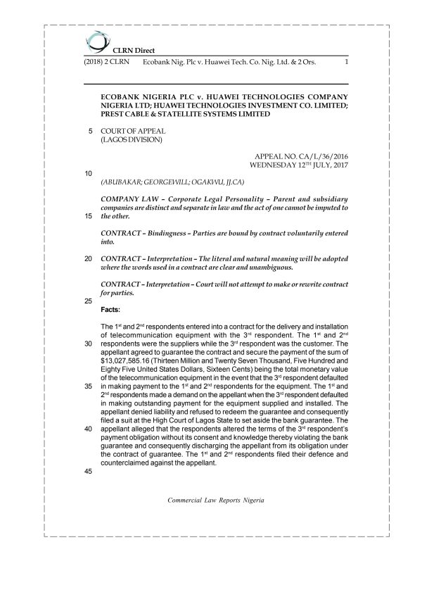 Ecobank Nig. Plc v. Huawei Tech. Co. Nig. Ltd. & 2 Ors.