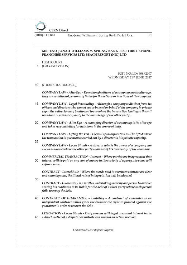 Eno Jonah Williams v. Spring Bank Plc & 2 Ors.