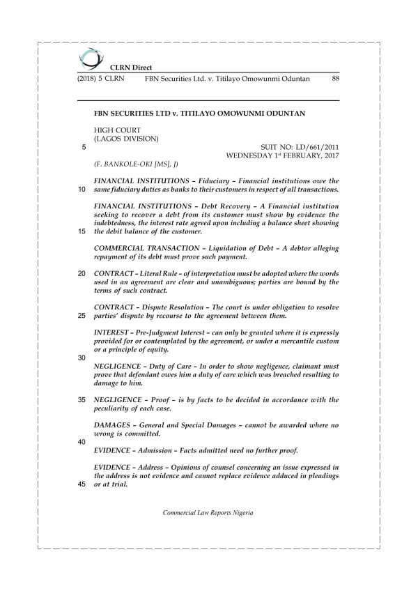 FBN Securities Ltd. v. Titilayo Omowunmi Oduntan