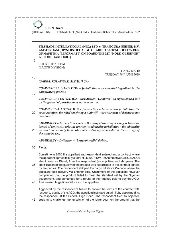 FELSHADE INT’L (NIG.) LTD v. TRAFIGURA BEHEER B.V. AMSTERDAM