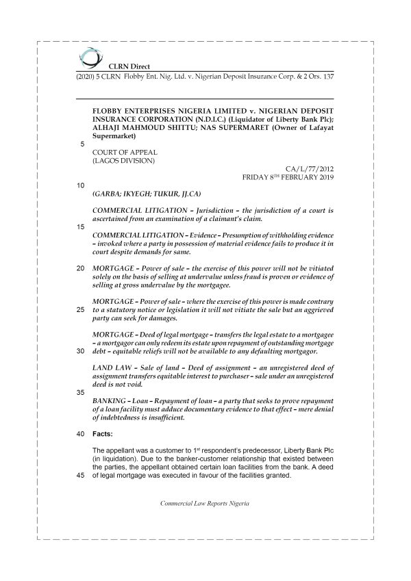 FLOBBY ENT. NIG. LTD. v. NIGERIAN DEPOSIT INSURANCE CORP. & 2 ORS.