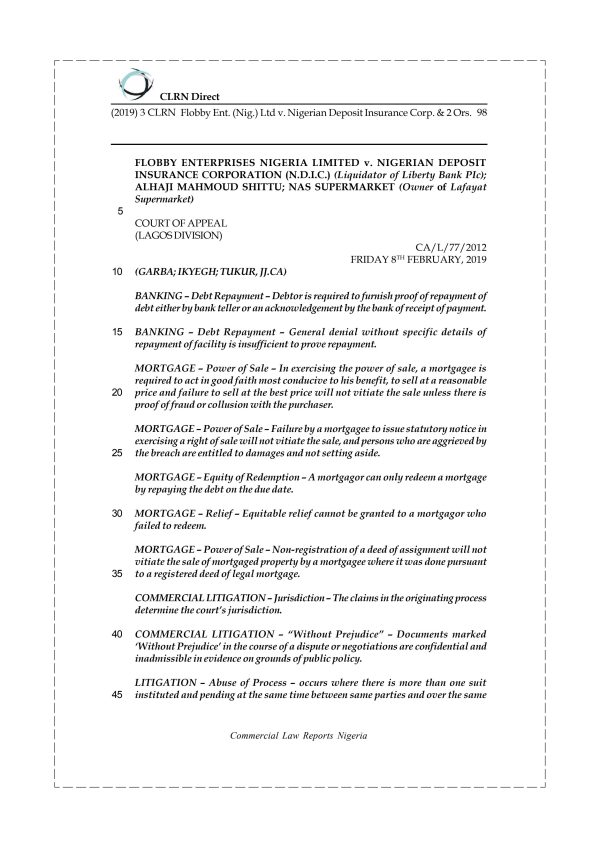 FLOBBY ENTERPRISES NIGERIA LIMITED v. NIGERIAN DEPOSIT INSURANCE CORPORATION (N.D.I.C.) & 2 ORS.