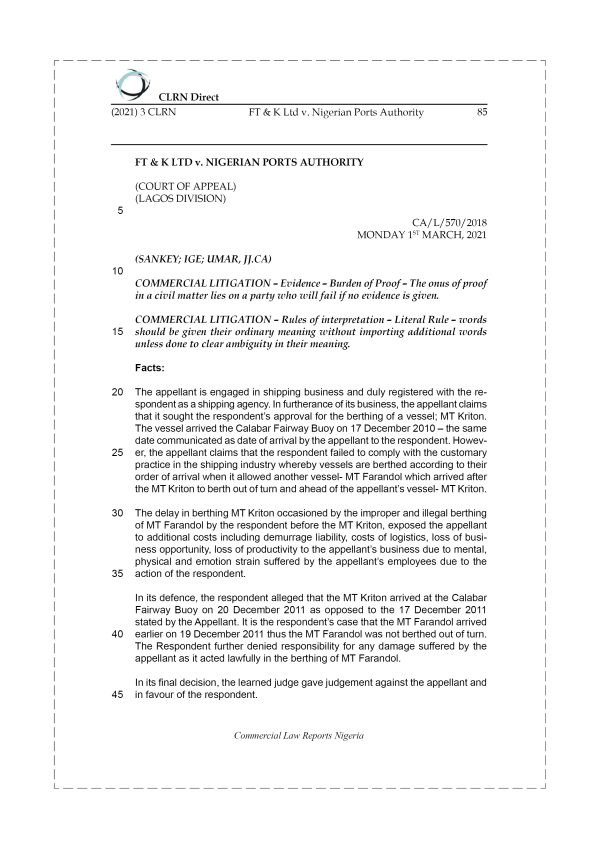 FT & K LTD v. NIGERIAN PORTS AUTHORITY