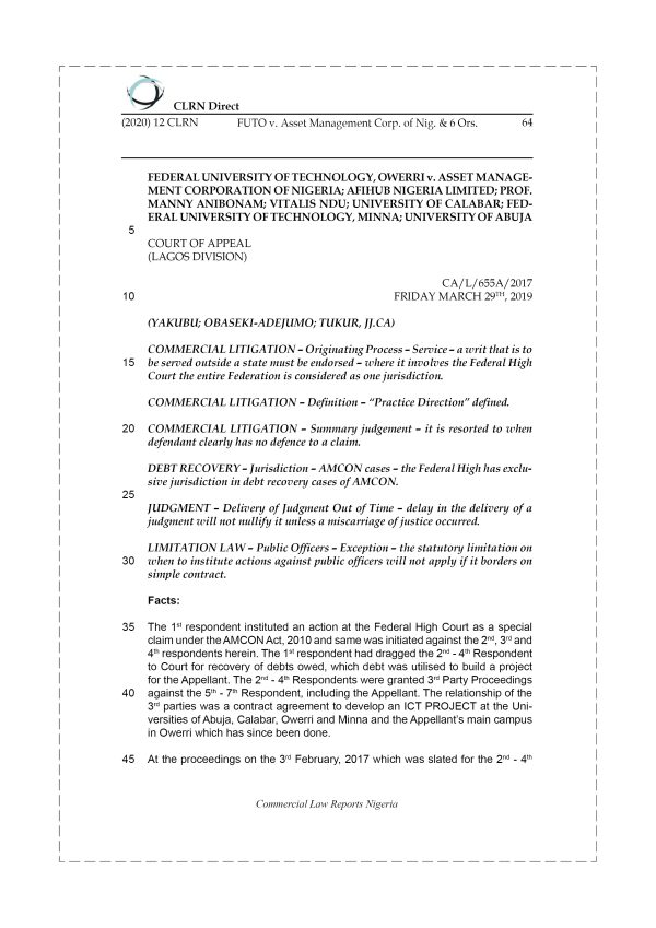 FUTO v. ASSET MANAGEMENT CORP. OF NIG. & 6 ORS.