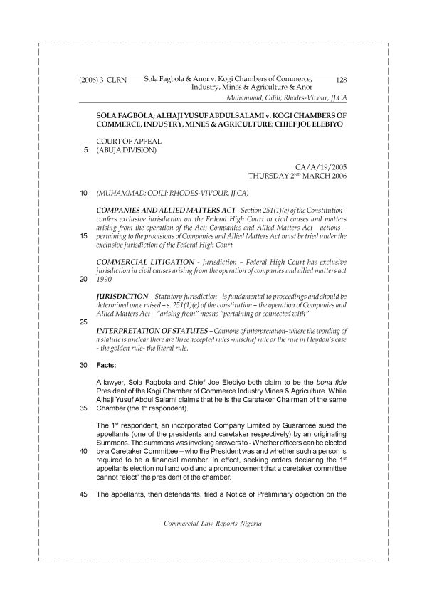 Fagbola & Anor v. Kogi Chamber of Commerce, Industry, Mines & Agriculture & Anor
