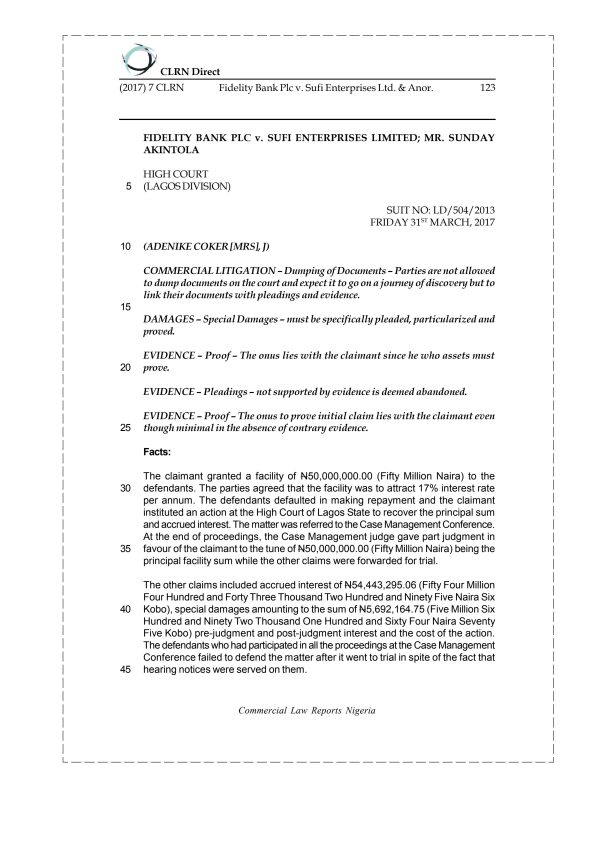 Fidelity Bank Plc v. Sufi Enterprises Ltd. & Anor.