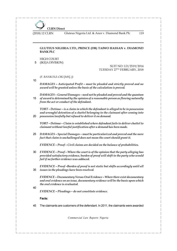 Gluteus Nigeria Ltd. & Anor v. Diamond Bank Plc