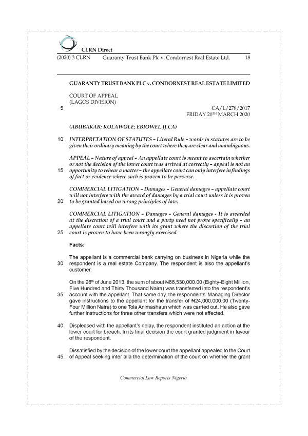 GUARANTY TRUST BANK PLC v. CONDORNEST REAL ESTATE LTD.