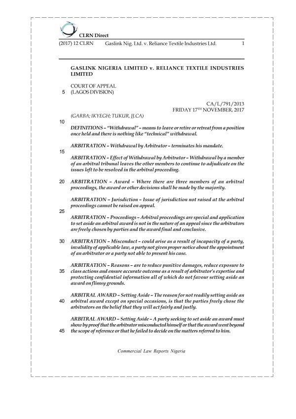Gaslink Nig. Ltd. v. Reliance Textile Industries Ltd.
