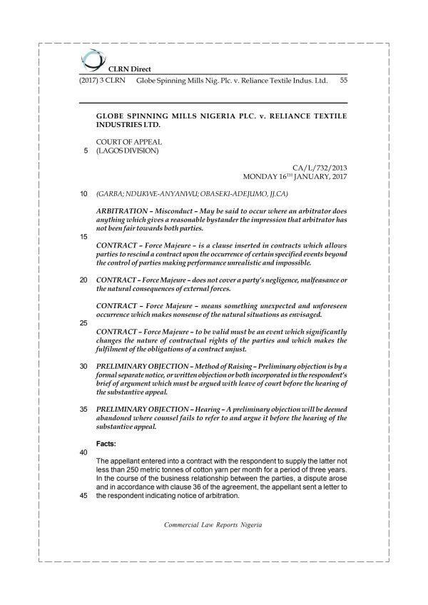 Globe Spinning Mills Nig. Plc. v. Reliance Textile Indus. Ltd.