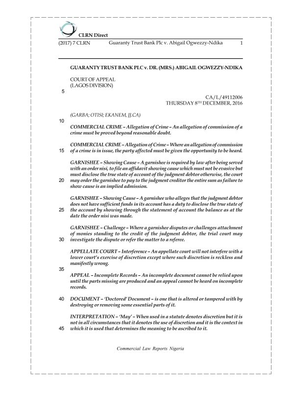 Guaranty Trust Bank Plc v. Abigail Ogwezzy-Ndika