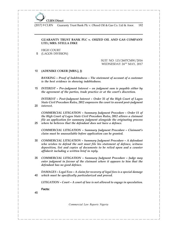 Guaranty Trust Bank Plc v. Ohzed Oil & Gas Co. Ltd & Anor.