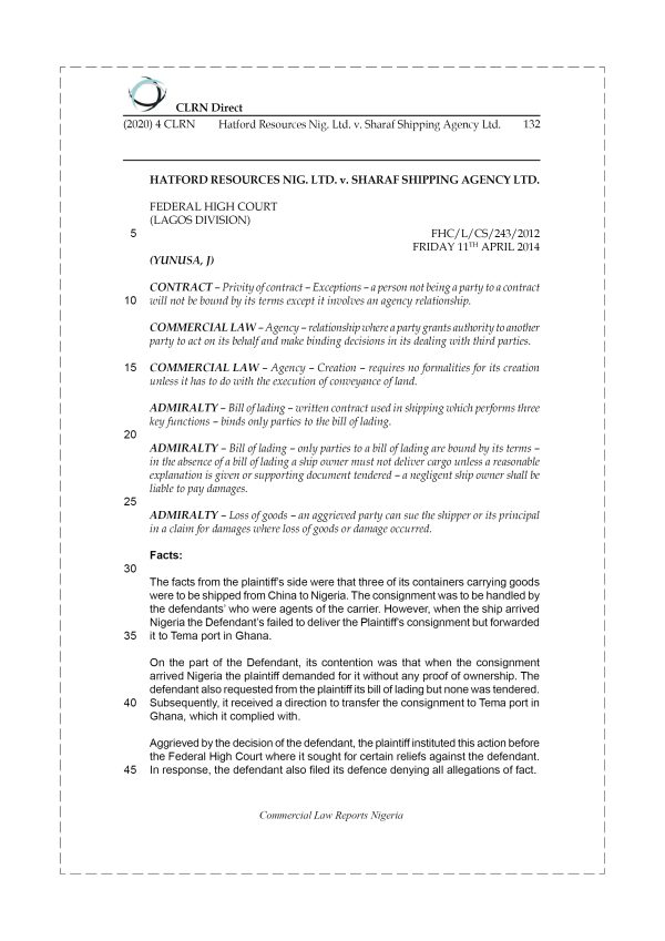 HATFORD RESOURCES NIG. LTD. v. SHARAF SHIPPING AGENCY LTD.