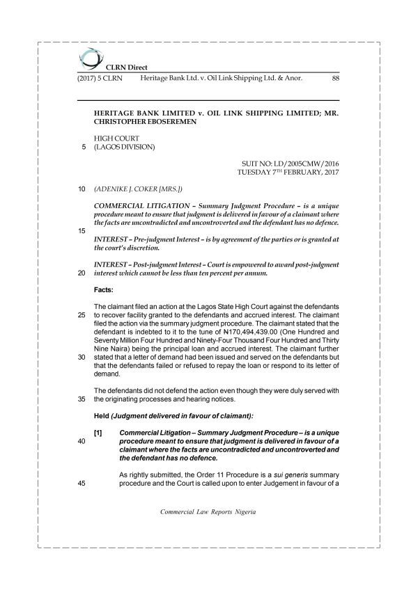 Heritage Bank Ltd. v. Oil Link Shipping Ltd. & Anor.