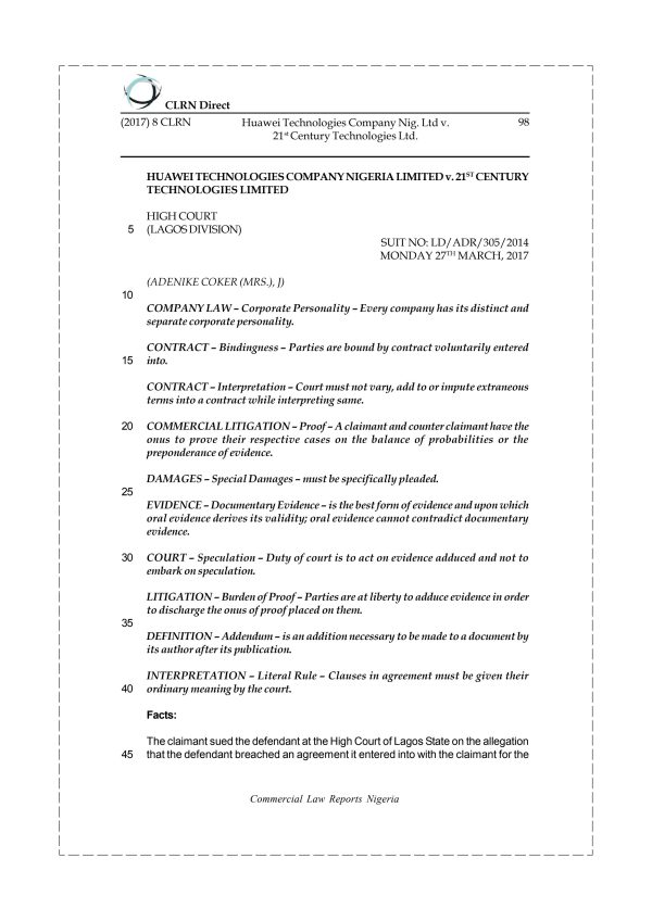 Huawei Technologies Company Nig. Ltd v. 21st Century Technologies Ltd.