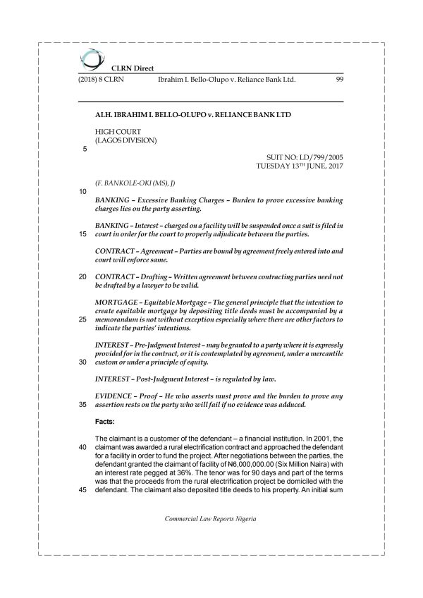 Ibrahim I. Bello-Olupo v. Reliance Bank Ltd.