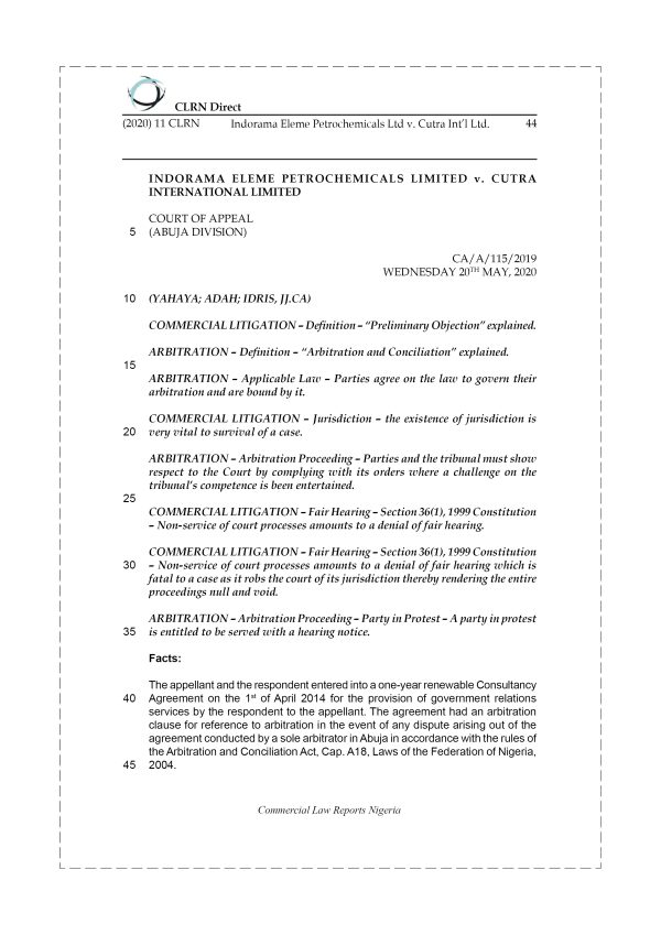 INDORAMA ELEME PETROCHEMICALS LTD v. CUTRA INT’L LTD.