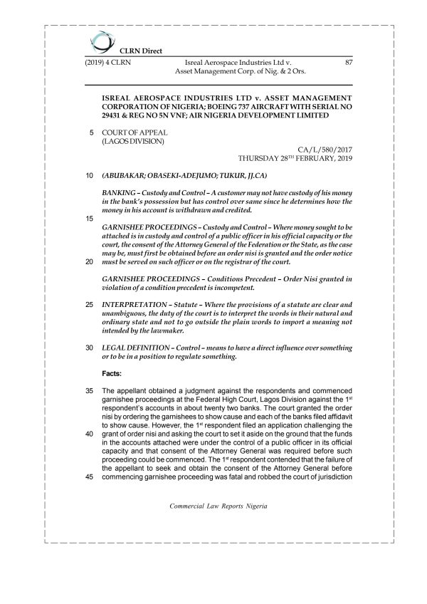 ISREAL AEROSPACE INDUSTRIES LTD v. ASSET MANAGEMENT CORP. OF NIG. & 2 ORS.