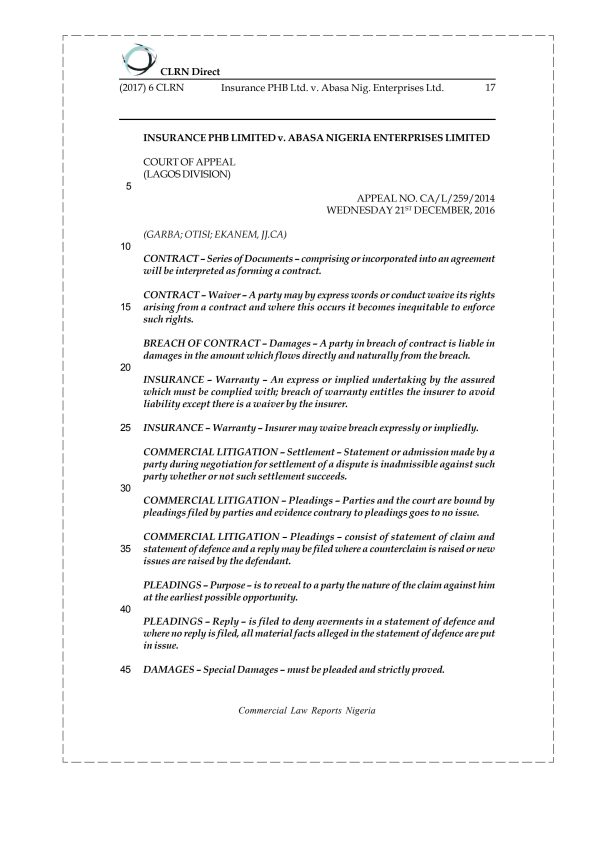 Insurance PHB Ltd. v. Abasa Nig. Enterprises Ltd.