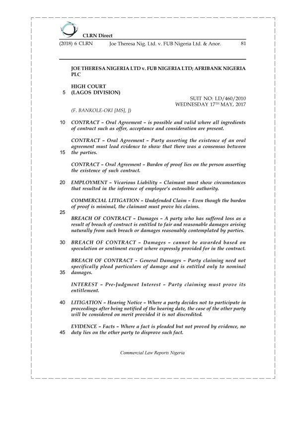 Joe Theresa Nig. Ltd. v. FUB Nigeria Ltd. & Anor.