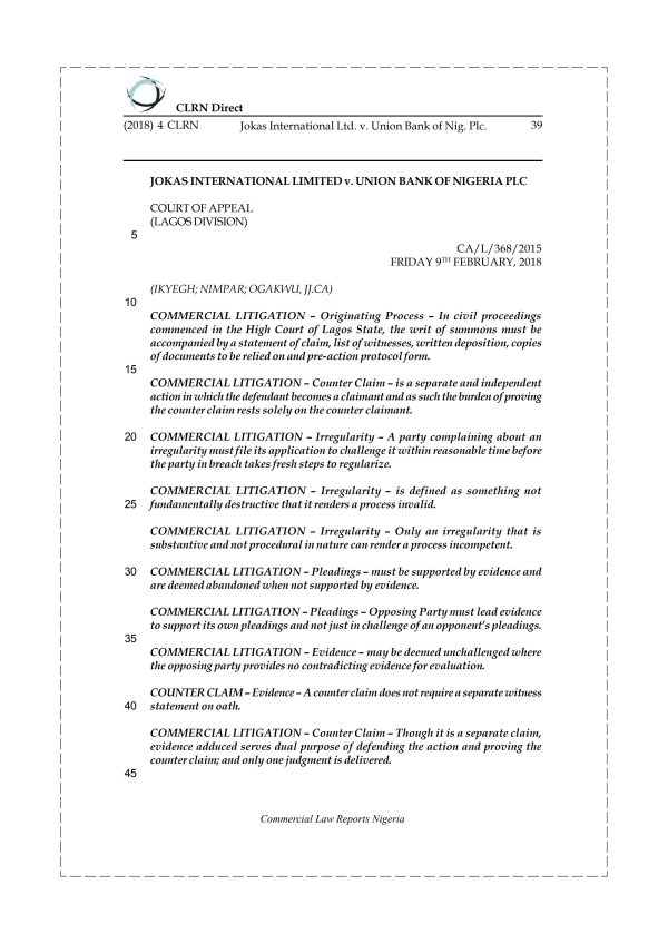 Jokas International Ltd. v. Union Bank of Nig. Plc.