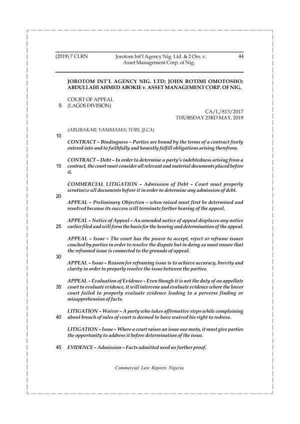 Jorotom Int’l Agency Nig. Ltd. & 2 Ors v. Asset Management Corp. of Nig.