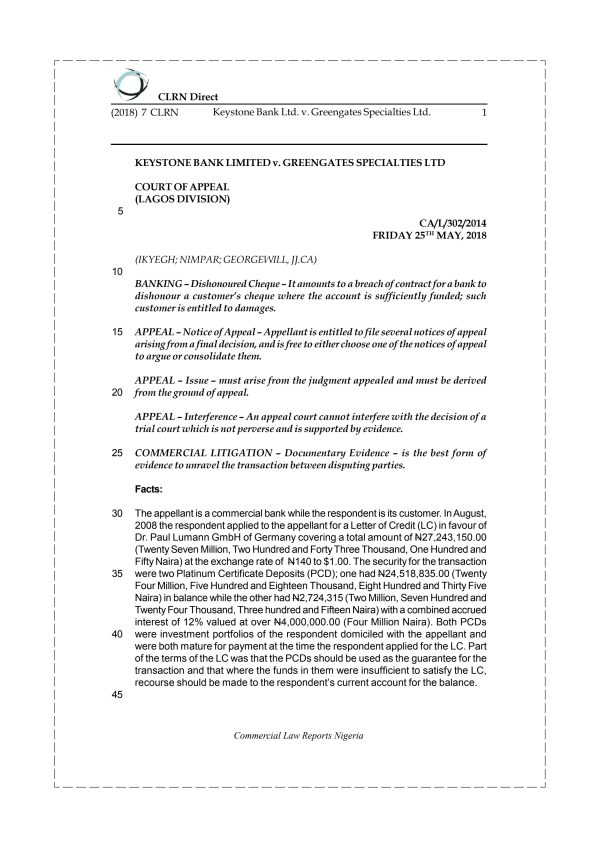 Keystone Bank Ltd. v. Greengates Specialties Ltd.
