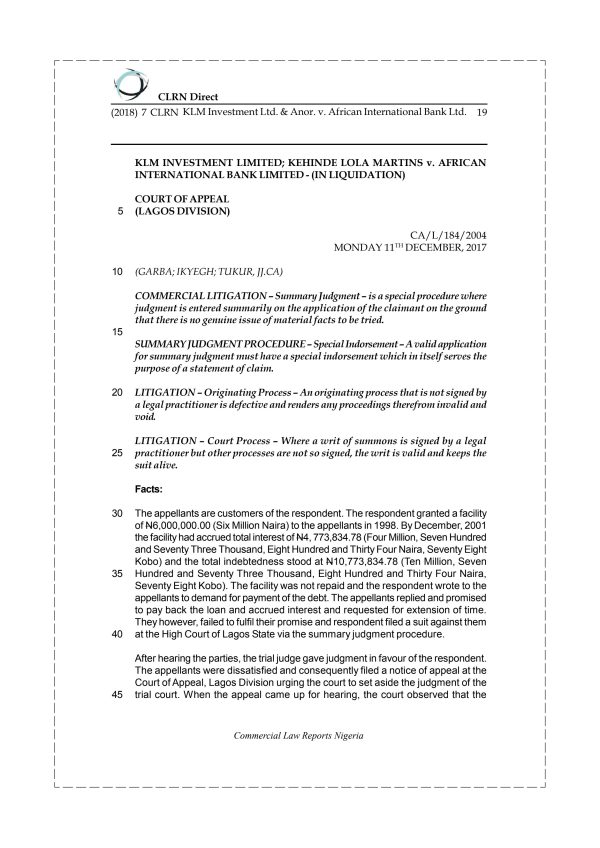 KLM Investment Ltd. & Anor. v. African International Bank Ltd.