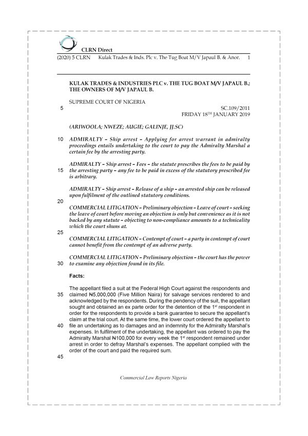 KULAK TRADES & INDUSTRIES PLC v. THE TUG BOAT M-V JAPAUL B. & ANOR.