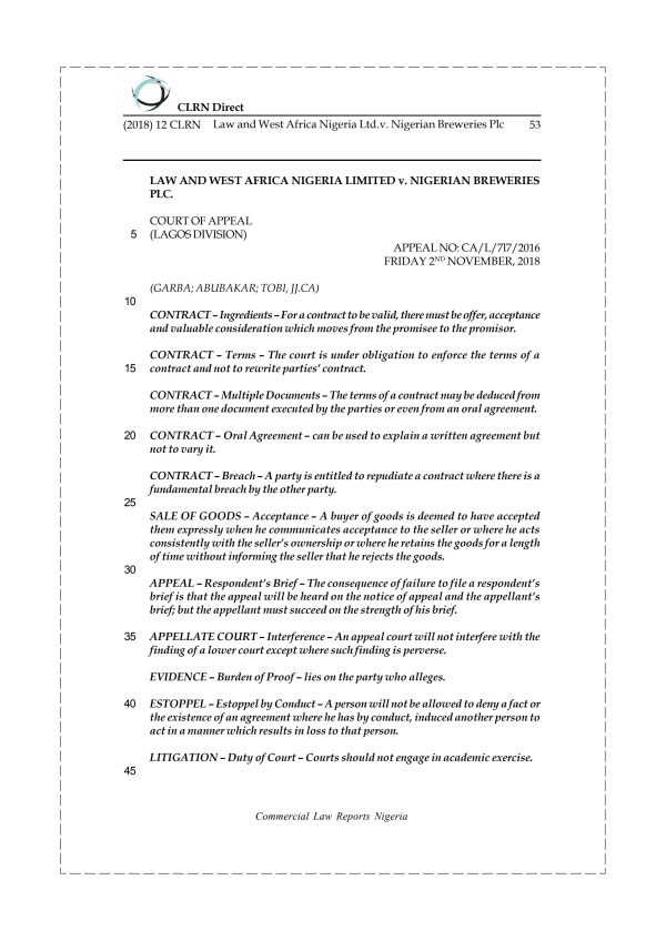 Law and West Africa Nigeria Ltd.v. Nigerian Breweries Plc