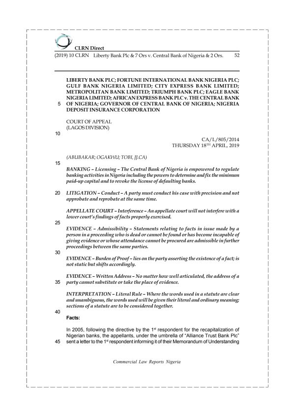 LIBERTY BANK PLC & 7 ORS. v. CENTRAL BANK OF NIGERIA & 2 ORS.