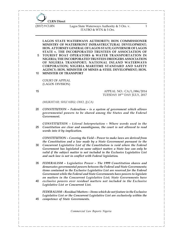Lagos State Waterways Authority & 3 Ors. v. ITATBO & WTN & 5 Ors.
