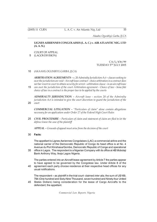 Lignes Aeriennes Congolaises v. Air Atlantic Nig. Ltd