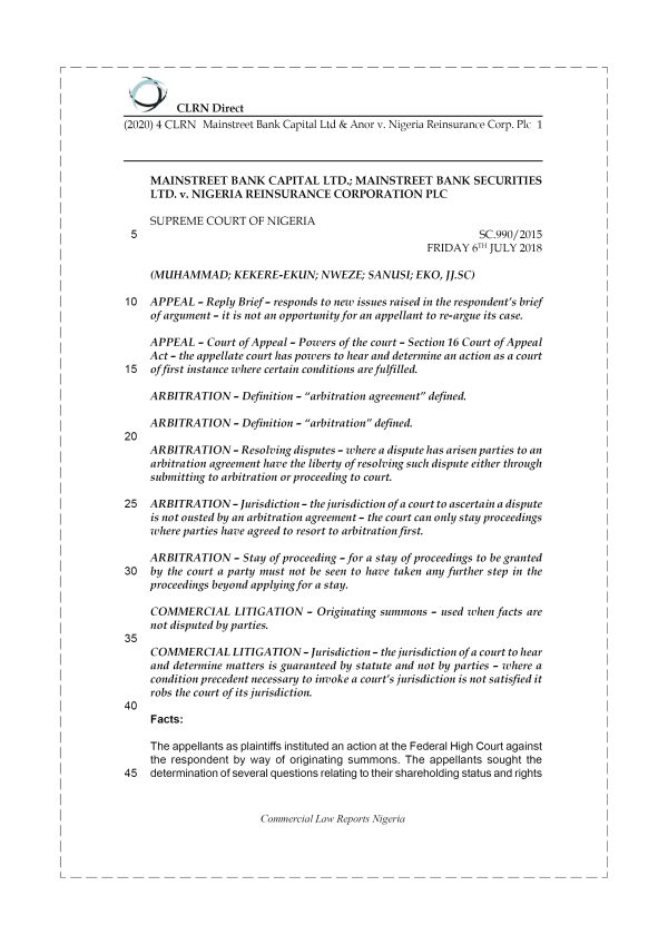 MAINSTREET BANK CAPITAL LTD & ANOR v. NIGERIA REINSURANCE CORP. PLC
