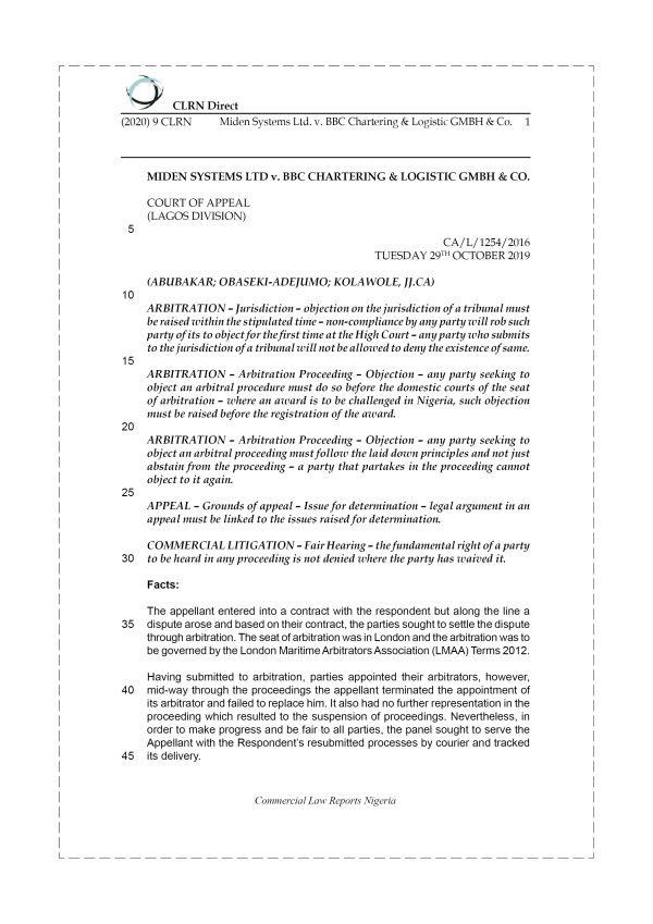 MIDEN SYSTEMS LTD. v. BBC CHARTERING & LOGISTIC GMBH & CO.