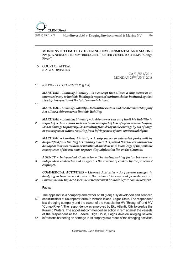 Mondinvest Ltd v. Dreging Environmental & Marine NV