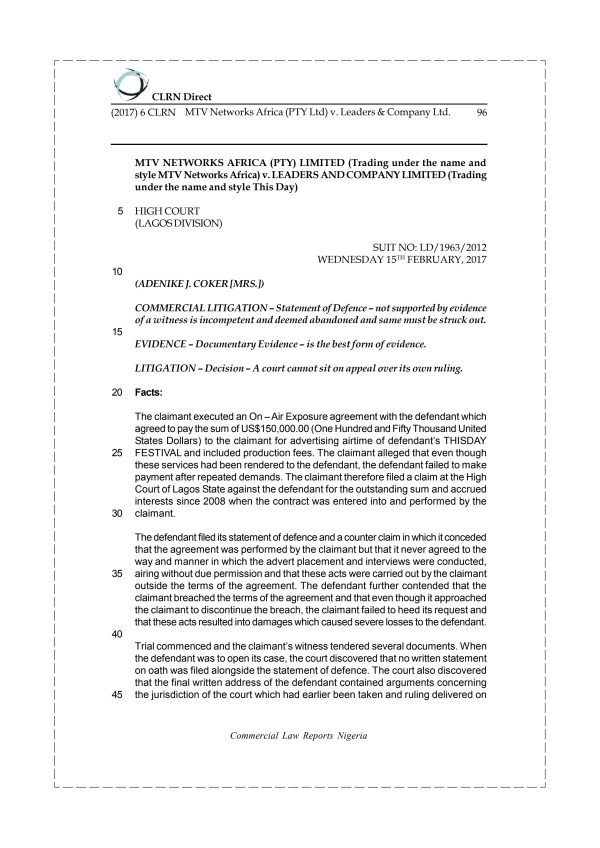 MTV Networks Africa (PTY Ltd) v. Leaders & Company Ltd.
