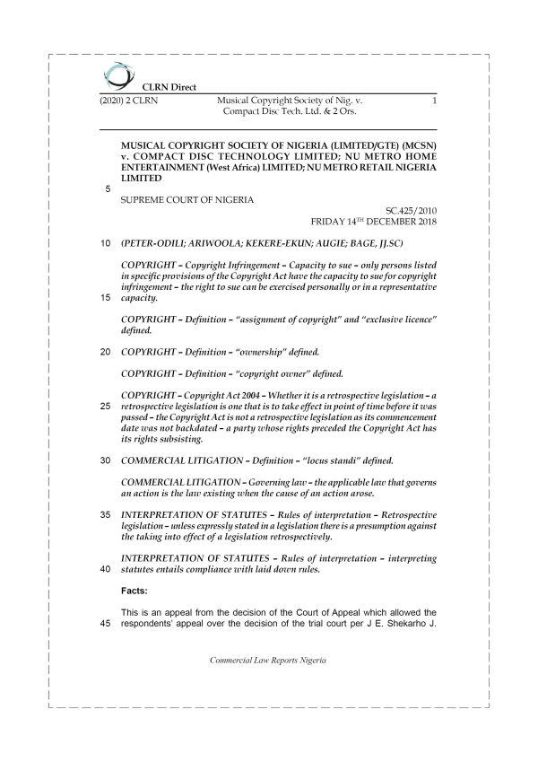 MUSICAL COPYRIGHT SOCIETY OF NIGERIA (LTD-GTE) (MCSN) v. COMPACT DISC TECHNOLOGY LIMITED & 2 ORS.