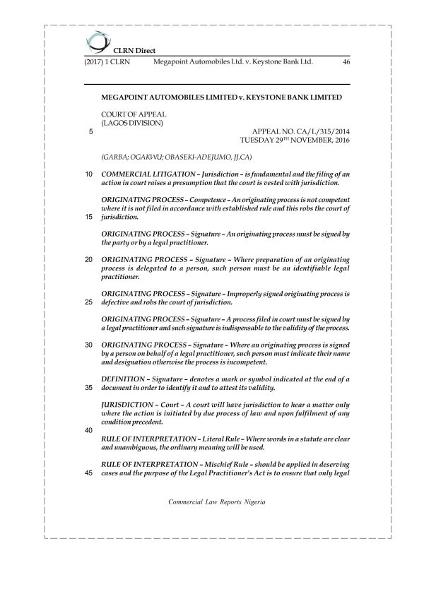Megapoint Automobiles Ltd. v. Keystone Bank Ltd.