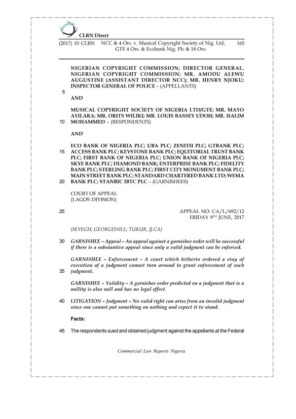 NCC & 4 Ors. v. Musical Copyright Society of Nig. Ltd, GTE 4 Ors. & Ecobank Nig. Plc & 18 Ors.