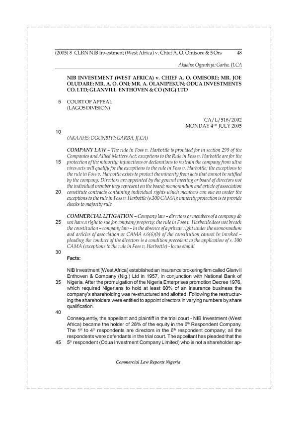 NIB Investment (West Africa) v. Chief A. O. Omisore & 5 Ors