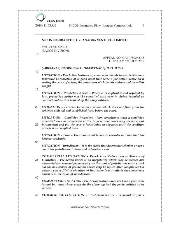 NICON Insurance Plc v. Anagba Ventures Ltd.