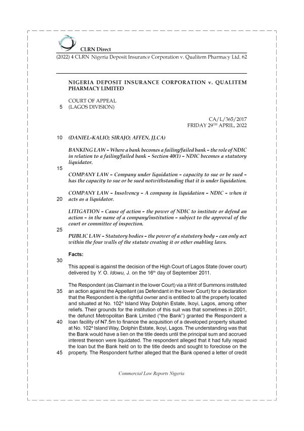 NIGERIA DEPOSIT INSURANCE CORP. v. QUALITEM PHARMACY LTD.