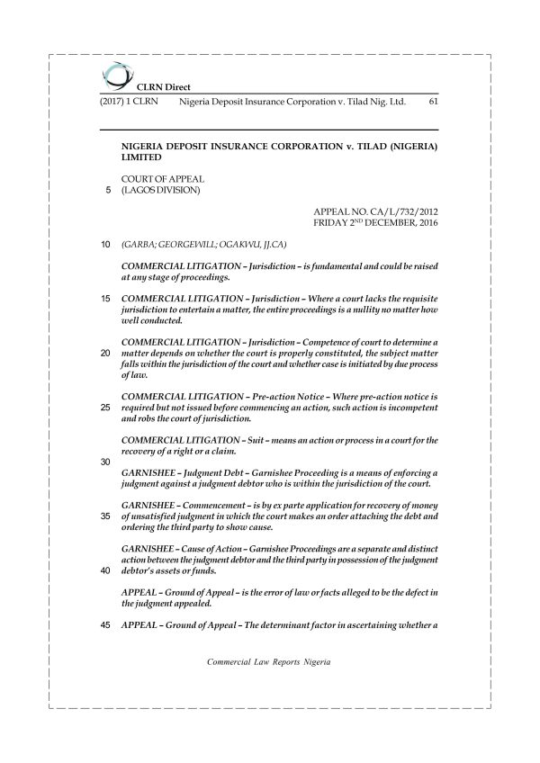 Nigeria Deposit Insurance Corporation v. Tilad Nig. Ltd.