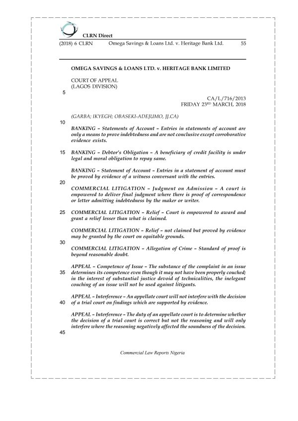 Omega Savings & Loans Ltd. v. Heritage Bank Ltd.
