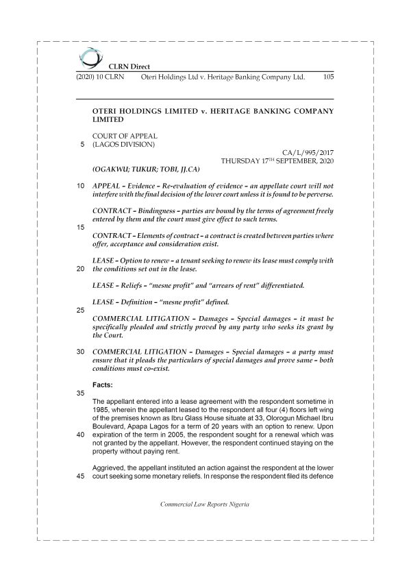 OTERI HOLDINGS LTD v. HERITAGE BANKING COMPANY LTD.