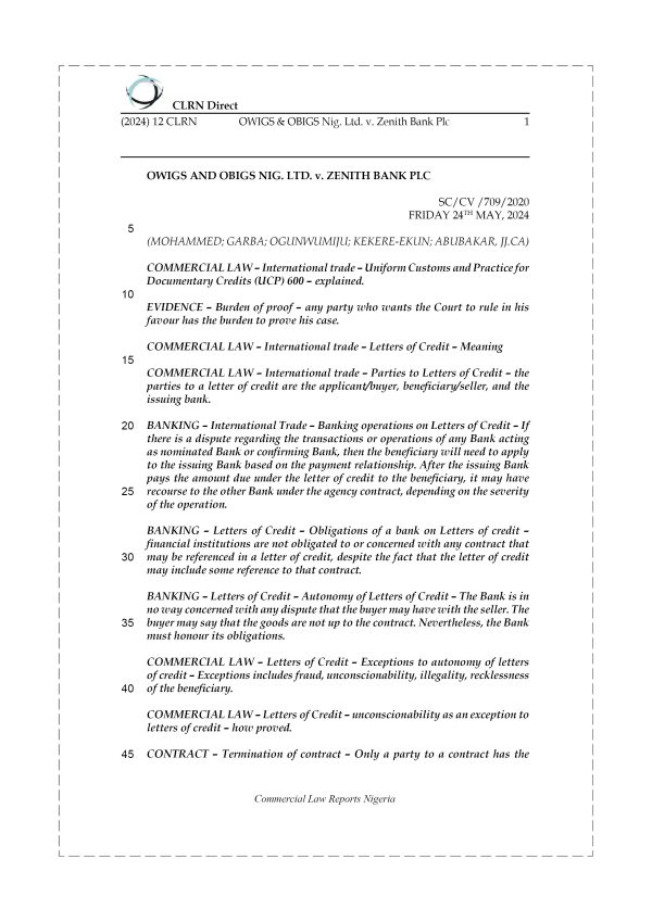 OWIGS & OBIGS NIGERIA LTD. v. ZENITH BANK PLC