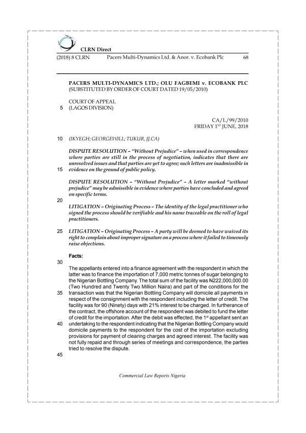 Pacers Multi-Dynamics Ltd. & Anor. v. Ecobank Plc